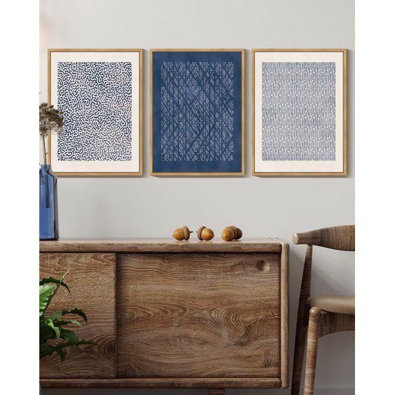 SHENIFY Blue Mid-Century Modern Wall Art Minimalist Abstract Boho Wall Decor Geometric Artwork Kitchen Dining Room 11x14in3pcs Natural Framed