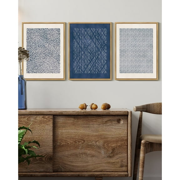 SHENIFY Blue Mid-Century Modern Wall Art Minimalist Abstract Boho Wall Decor Geometric Artwork Kitchen Dining Room 11x14in3pcs Natural Framed