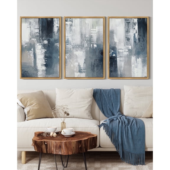 SHENIFY Blue and Grey Abstract Wall Art 16x24in3pcs Natural Framed Modern Minimalist Painting Decor Graffiti Artwork for Home Wall Decor