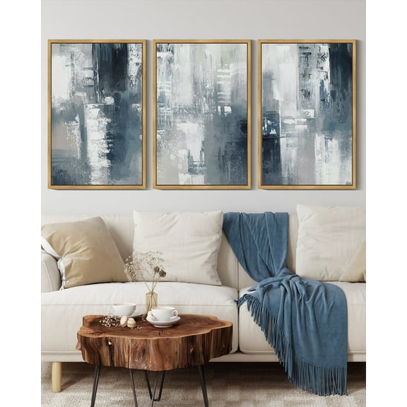 SHENIFY Blue and Grey Abstract Wall Art 16x24in3pcs Natural Framed Modern Minimalist Painting Decor Graffiti Artwork for Home Wall Decor