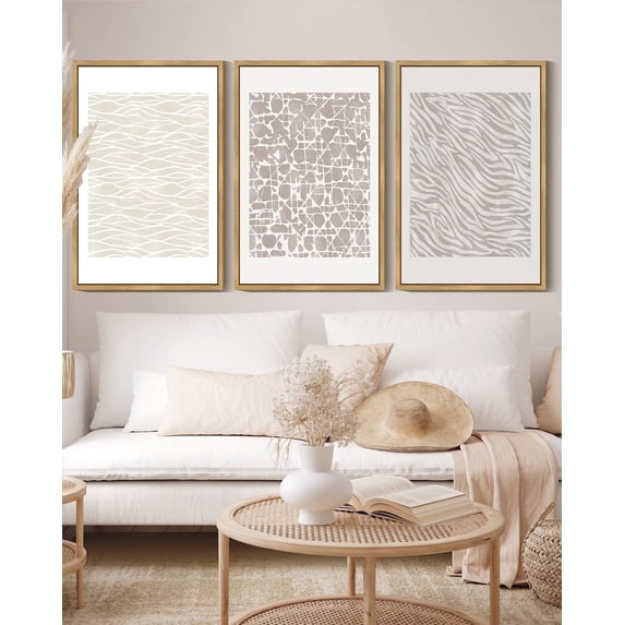 SHENIFY Boho Abstract Wall Art 16x24in3pcs Natural Framed Mid-Century Tan Geometric Landscape Abstract Shapes Cozy Neutral Modern Minimalist Painting Decorative Artwork
