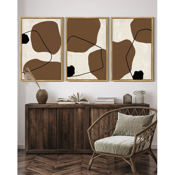 SHENIFY Boho Geometric Wall Art 16x24in3pcs Natural Framed Mid-Century Trio of Multicolored Brown Ovals Shape Black Lines Illustration Modern Minimalist Painting Decorative Artwork