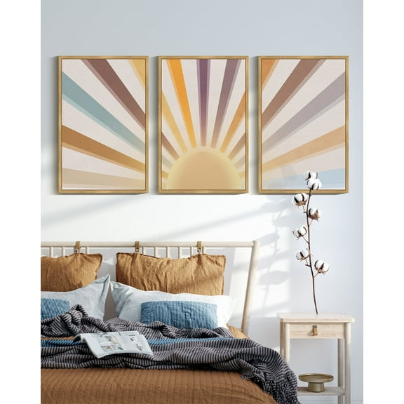 SHENIFY Boho Sun Wall Art Wood Canvas Boho Wall Art Rainbow Sun Rising on the Horizon Geometric Nature Line Art Mid-Century Modern Prints Boho Sun Wall Decor 16x24in3pcs FRAMED
