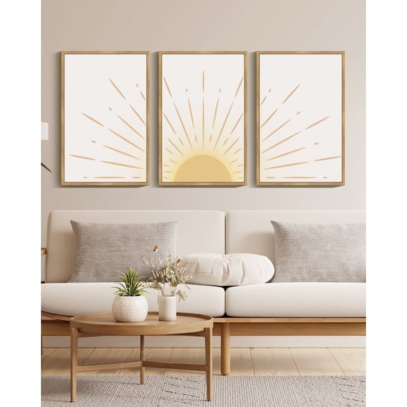 SHENIFY Boho Sun Wall Art Wood Canvas Framed Decor Nature Line Art Mid-Century Modern Prints Ready To Hang for Bedroom Living Room - 12x16in3pcs Neutral Framed