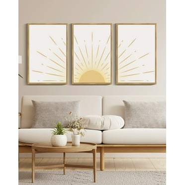 SHENIFY Boho Sun Wall Art Wood Canvas Framed Decor Nature Line Art Mid-Century Modern Prints Ready To Hang for Bedroom Living Room - 12x16in3pcs Neutral Framed