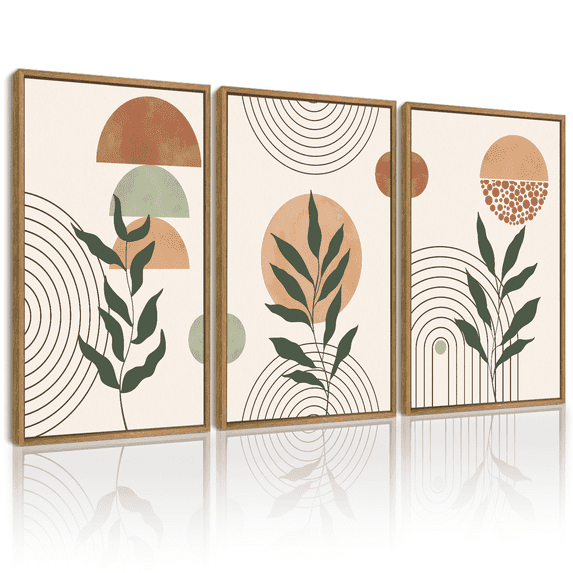 SHENIFY Boho Wall Art 16x24in3pcs Natural Framed Sage Plant Botanical Bohemain Wall Printing Abstract Canvas Prints with Leaf & Sun Lines