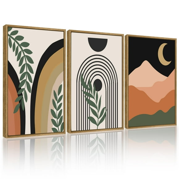 SHENIFY Boho Wall Art Framed Wood Mid Century Modern Decor Sage Boho Wall Decor Minimalist Bohemian Bedroom Decor Canvas Prints Ready To Hang for Bedroom Living Room 16x24in3pcs FRAMED