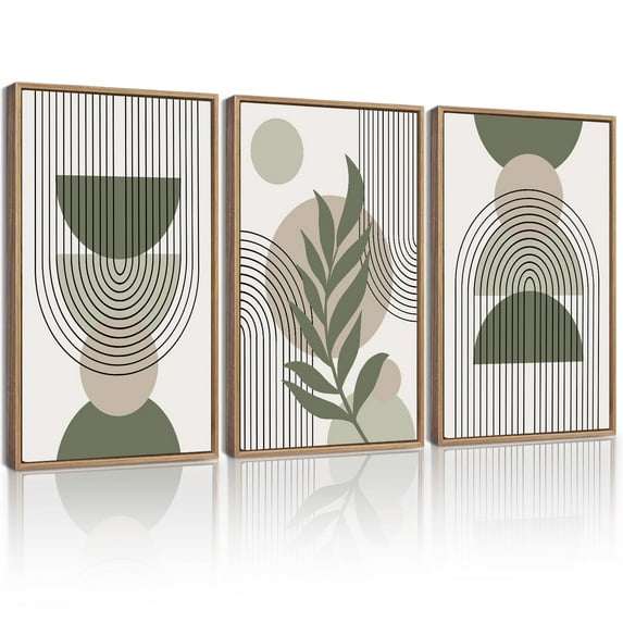 SHENIFY Boho Wall Art Green Sage Boho Framed Wood Mid Century Modern Decor Minimalist Bohemian Abstract Geometry Canvas Prints Living room Ready To Hang - 12x16in3pcs Neutral Framed