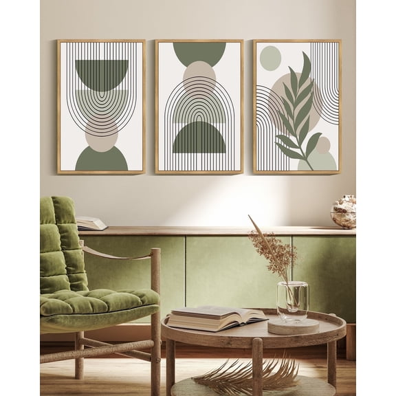 SHENIFY Abstract Boho Wall Art Green Sage Minimalist Mid Century Modern Geometry Canvas Prints (Set of 3) Framed