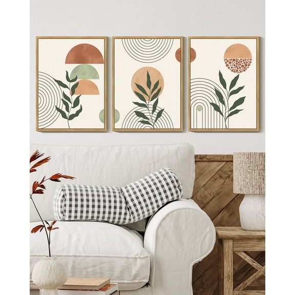 SHENIFY Boho Wall Art Sage Plant Botanical Bohemain Wall Printing Abstract Canvas Prints with Leaf & Sun Lines 11x14in3pcs Natural Framed