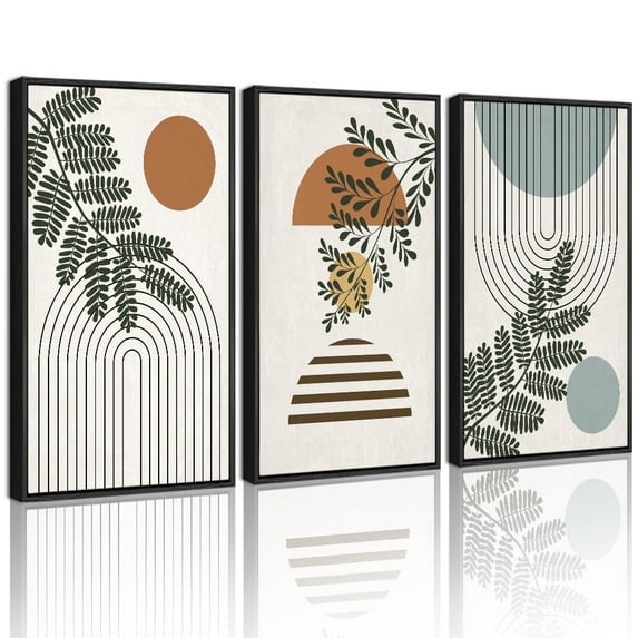 SHENIFY Botanical Boho Wall Art 16x24in3pcs Black Framed Modern Plant Leaf Bohemian Wall Decor Abstract Geometry Lines Prints Ready to Hang