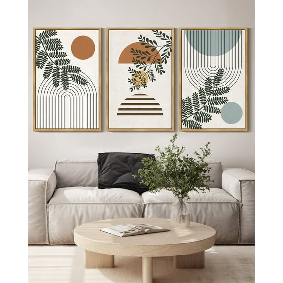 SHENIFY Botanical Boho Wall Art 16x24in3pcs Natural Framed Modern Plant Leaf Bohemian Wall Decor Abstract Geometry Lines Prints Ready to Hang