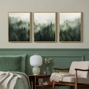 SHENIFY Canvas Print Wall Art Prints Framed Wood Fog & Mist Over Green Pine Tree Forest Nature Wilderness Modern Artwork For Living Room Bedroom - 12x16in3pcs Neutral Framed