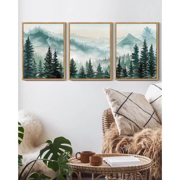 SHENIFY Fog Pine Green Tree Forest Canvas Wall Art Nordic Nature Modern Artwork Prints Decor 11x14in3pcs Natural Framed