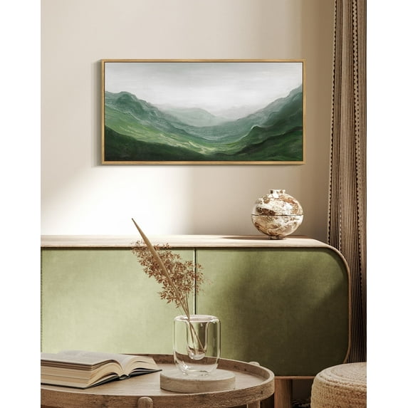 SHENIFY Fog Pine Green Tree Forest Canvas Wall Art Nordic Nature Modern Mountain Artwork Prints Decor 8x16in Natural Framed
