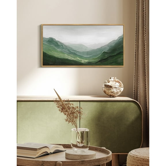 SHENIFY Fog Pine Green Tree Forest Canvas Wall Art Nordic Nature Modern Mountain Artwork Prints Decor 8x16in Natural Framed