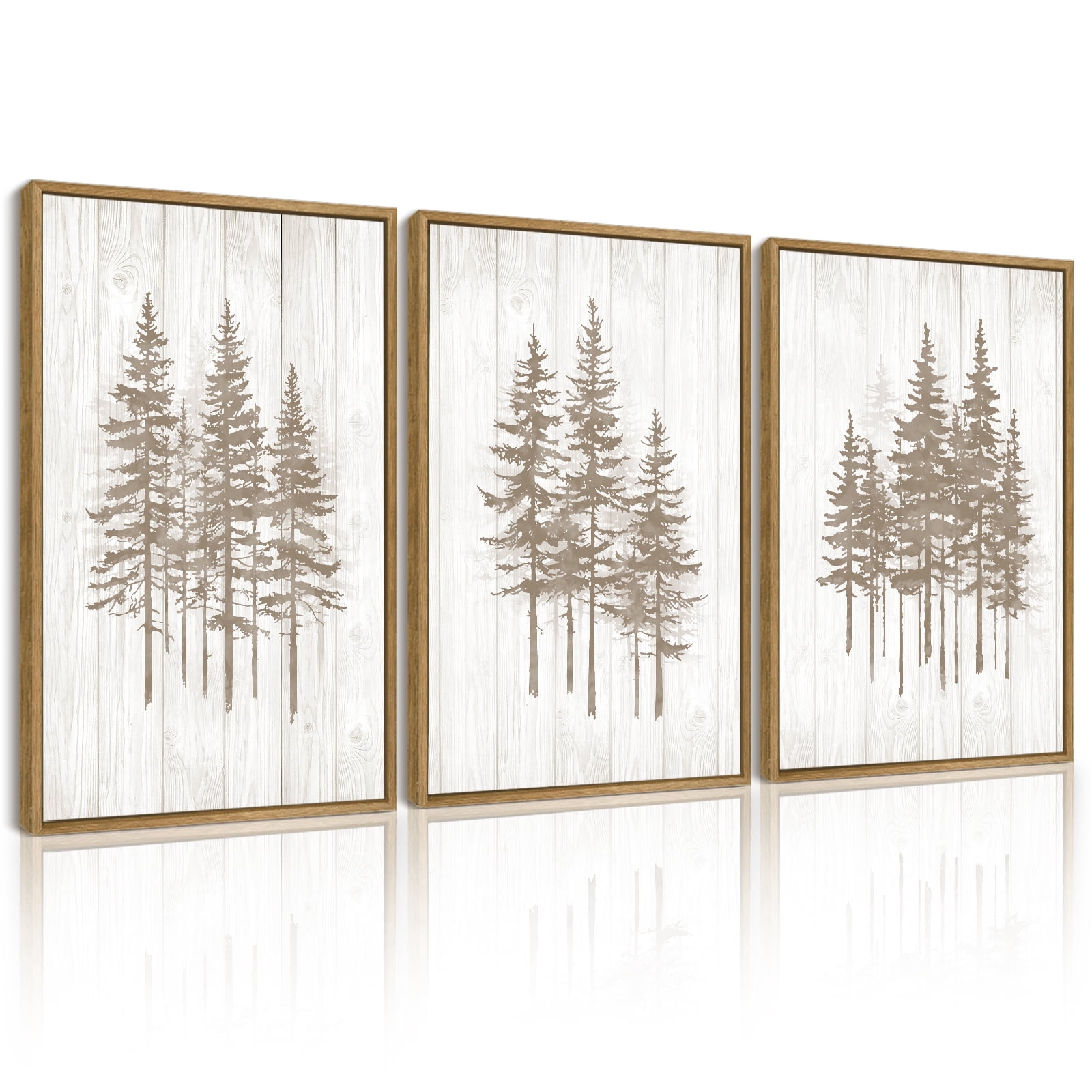 SHENIFY Foggy Pine Tree Wall Art 16x24in3pcs Natural Framed Watercolor Nature Abstract Misty Forests Wall Decor Minimalist Rustic Painting for Bedroom Living Room