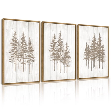 SHENIFY Foggy Pine Tree Wall Art 16x24in3pcs Natural Framed Watercolor Nature Abstract Misty Forests Wall Decor Minimalist Rustic Painting for Bedroom Living Room