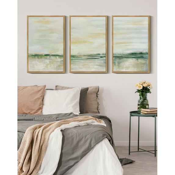 SHENIFY Framed Canvas Wall Art Watercolor Pastel Green Tan Landscape Abstract Modern Art Decorative for Living Room Bedroom Office 16x24in3pcs Framed
