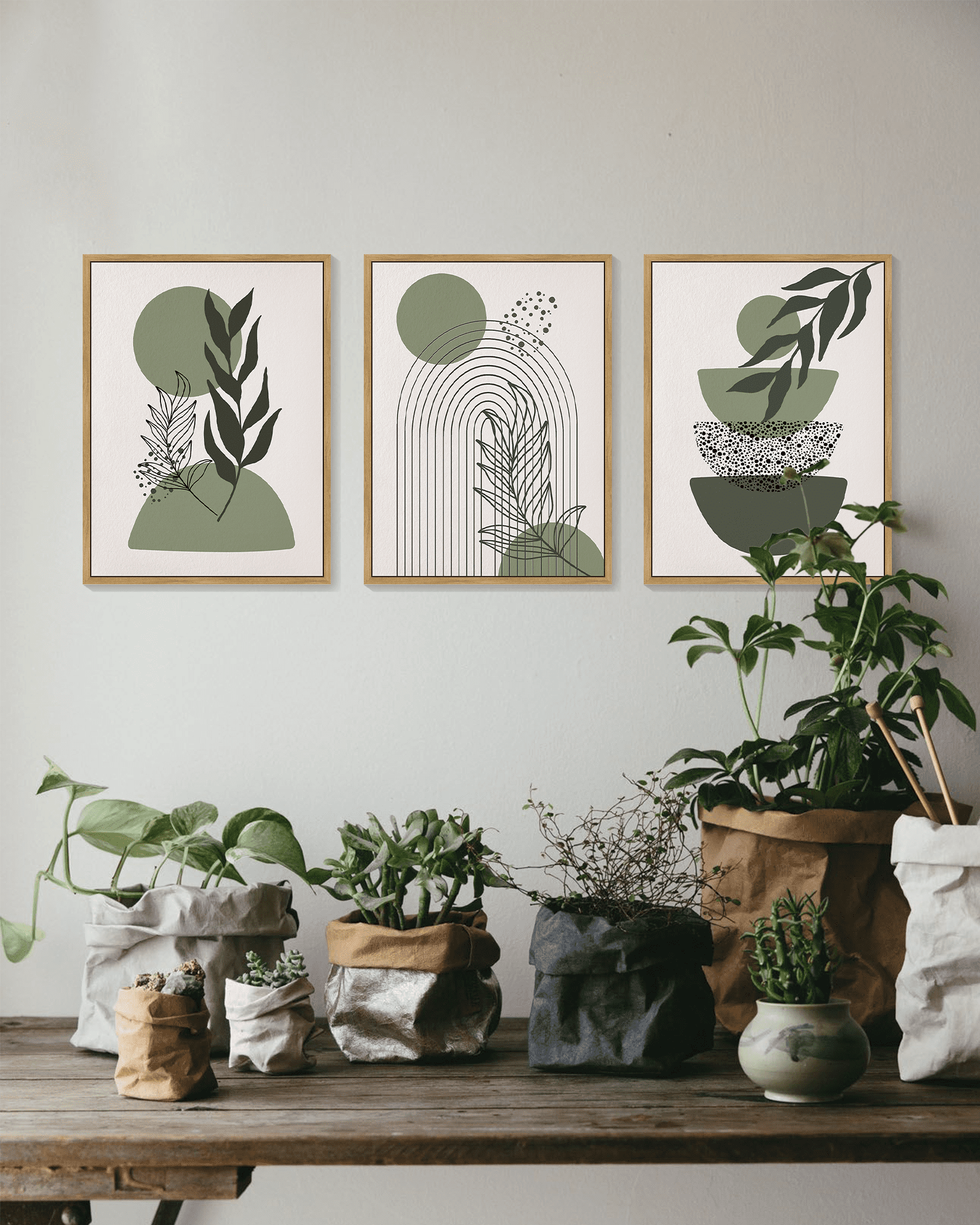 SHENIFY Green Boho Wall Art Prints Framed Wood Sage Wall Decor Mid Century Modern Abstract Geometric Artwork Natural Canvas Prints for Living Room Bedroom - 12x16in3pcs Neutral Framed