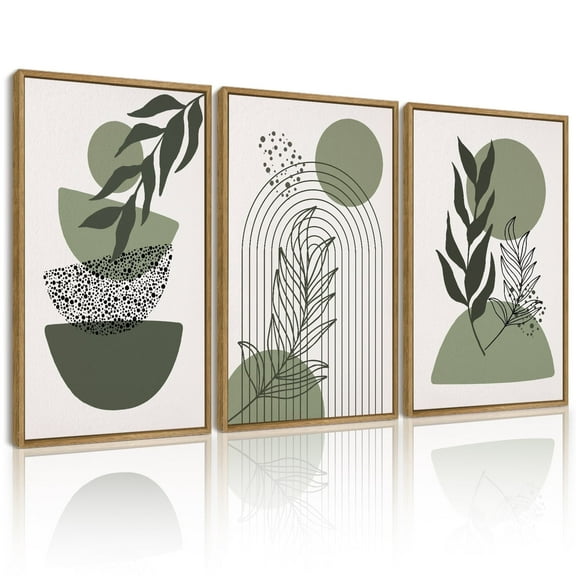 SHENIFY Green Boho Wall Art Prints Framed Wood Sage Wall Decor Mid Century Modern Abstract Geometric Artwork Natural Canvas Prints for Living Room Bedroom - 12x16in3pcs Neutral Framed