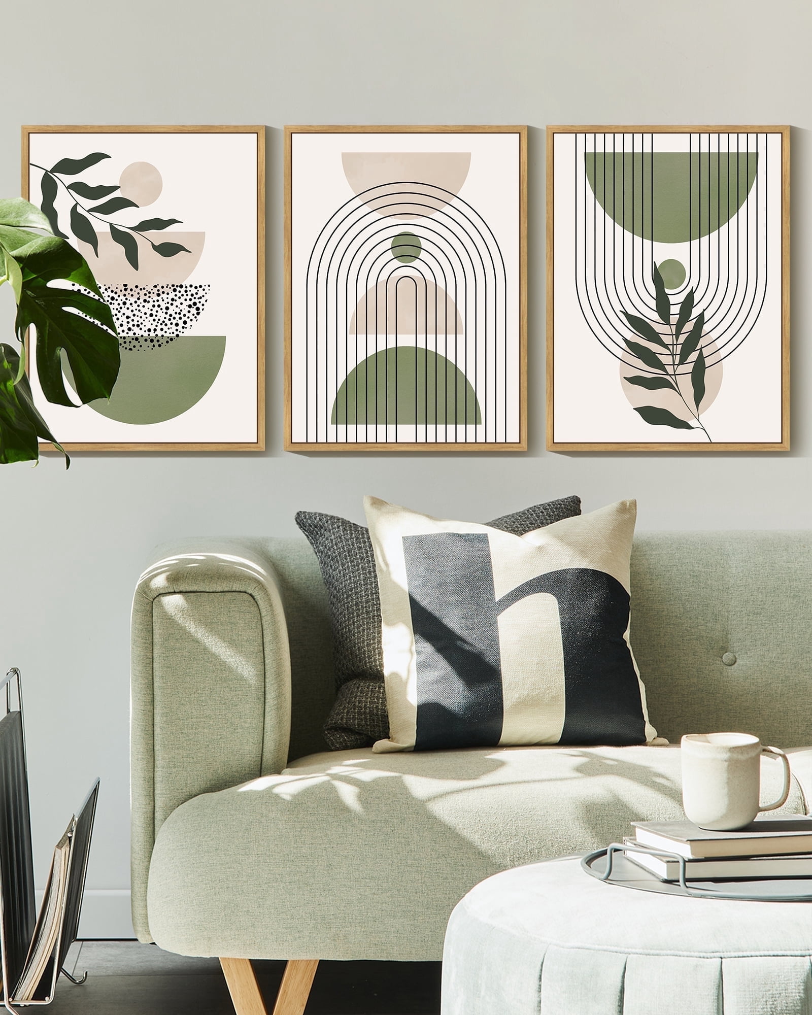 SHENIFY Green Botanical Boho Wall Art Modern Sage Bohemian Wall Decor Abstract Geometry Lines Prints Ready to Hang 11x14in3pcs Natural Framed