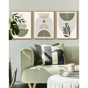SHENIFY Green Botanical Boho Wall Art Modern Sage Bohemian Wall Decor Abstract Geometry Lines Prints Ready to Hang 11x14in3pcs Natural Framed