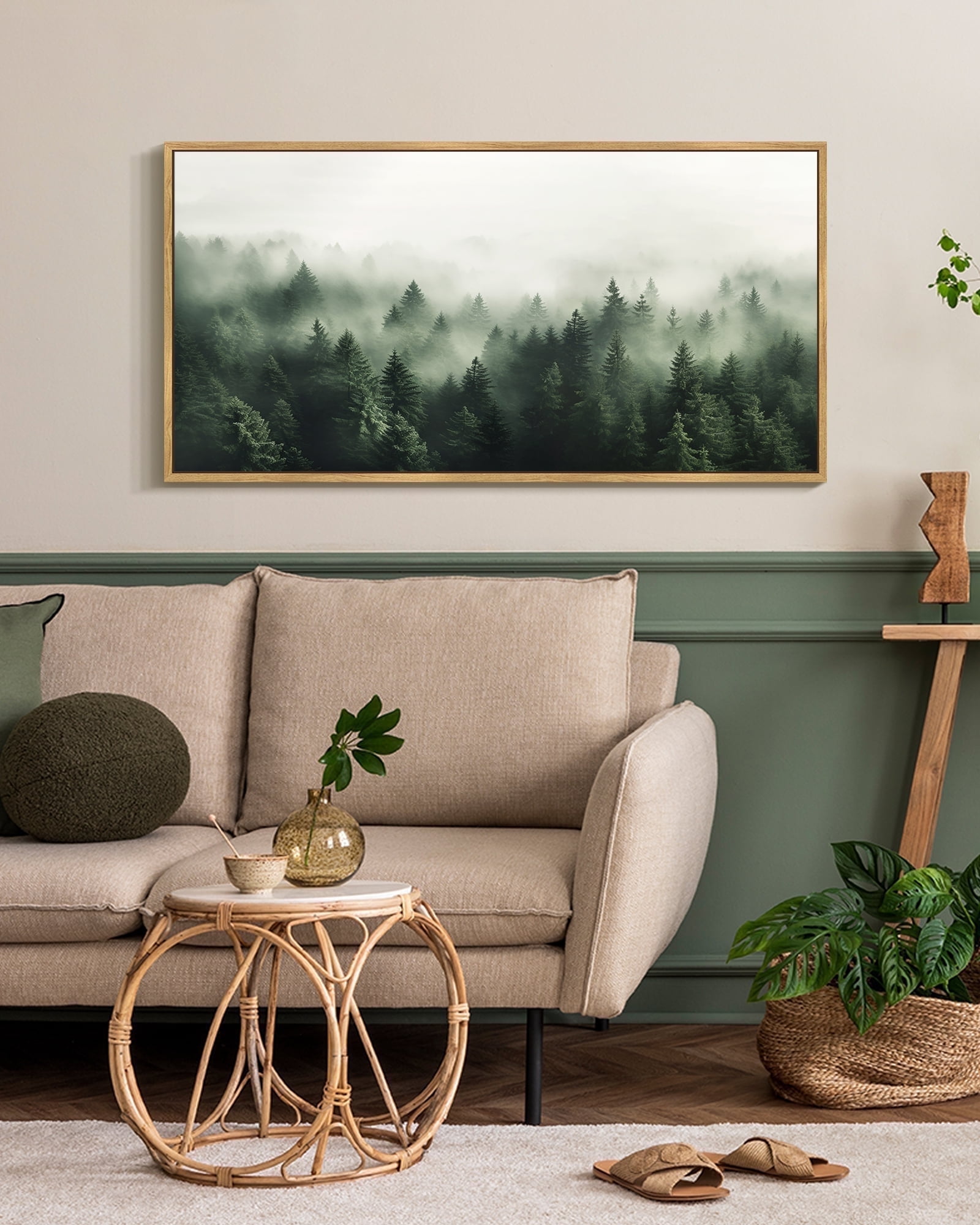 SHENIFY Green Fog Pine Tree Forest Canvas Wall Art Large 20x40in Natural Framed Modern Artwork Prints Decor Hanging Decoration