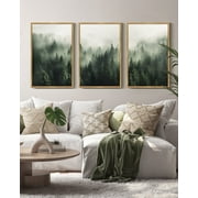 SHENIFY Canvas Print Wall Art Prints Framed Wood Fog & Mist Over Green Pine Tree Forest Nature Wilderness Modern Artwork For Living Room Bedroom - 12x16in3pcs Neutral Framed