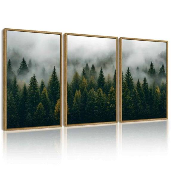 SHENIFY Green Fog Pine Tree Landscape Wall Art 16x24in3pcs Natural Framed Nature Nordic Misty Forests Morden Decor Artwork Prints Rustic Living Room Home Office