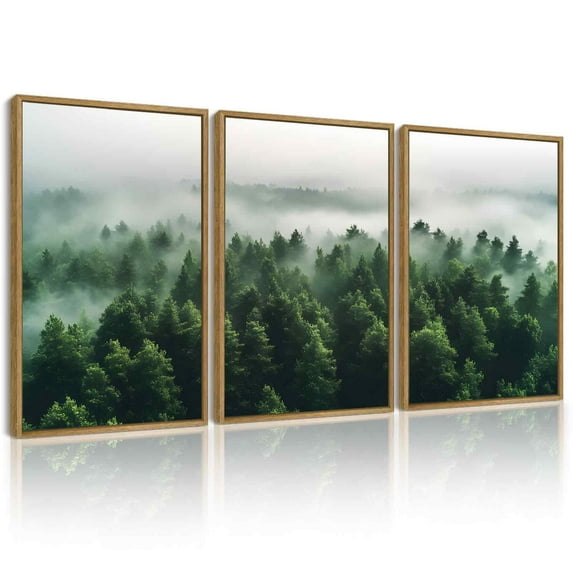 SHENIFY Green Fog Pine Tree Wall Art 16x24in3pcs Natural Framed Nature Misty Nordic Forests Morden Decor Artwork Prints Rustic Living Room Home Office