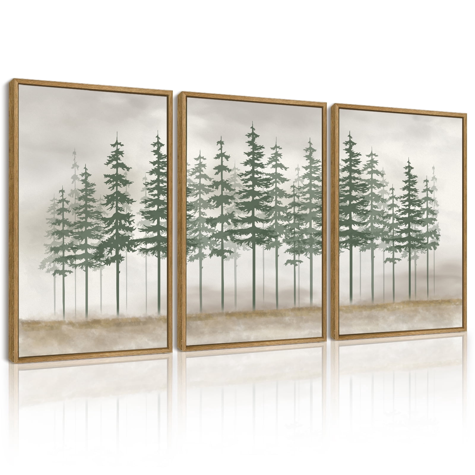 SHENIFY Green Misty Foggy Pine Tree Wall Art 16x24in3pcs Natural Framed ...