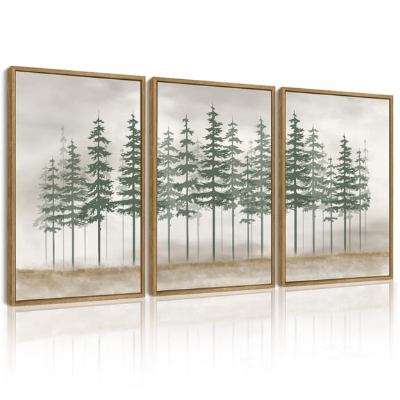 SHENIFY Green Misty Foggy Pine Tree Wall Art 16x24in3pcs Natural Framed Watercolor Nature Abstract Forest Wall Decor Minimalist Rustic Painting Home Decor