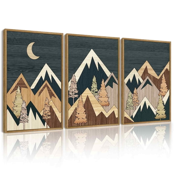SHENIFY Huge 16x32in3pcs Natural Framed Wooden Mountains Range Landscape Wall Art Framed Tree Nature Wall Decor Moon Rises Prints Bedroom Living Room