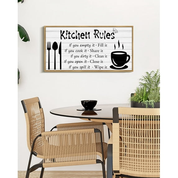 SHENIFY Kitchen Rules Wall Decor Funny Inspirational Quote Decor Modern Rustic Farmhouse Kitchen Hanging Decoration 8x16in Natural Framed