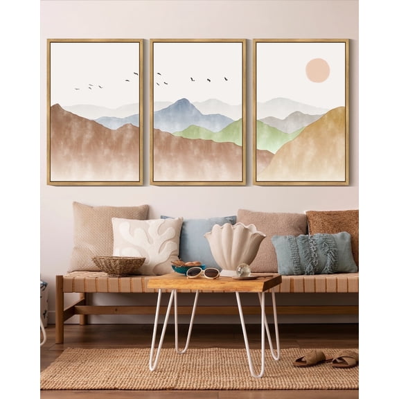 SHENIFY Landscape Mountain Range Wall Art 16x24in3pcs Natural Framed Set Watercolor Ink Wash Nature Scenry Sunrise Flying Bird Farmhouse Rustic Modern Art Decorative for Living Room Bedroom