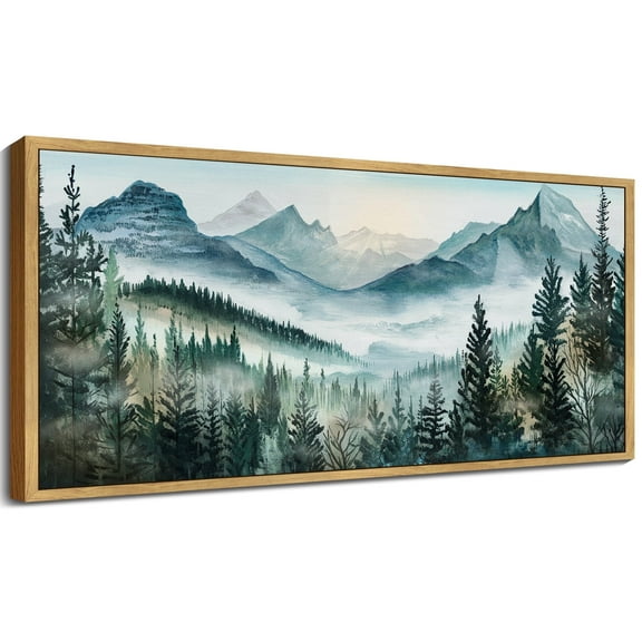 SHENIFY Landscape Mountain Range Wall Art 20x40in Natural Framed Set Watercolor Foggy Pine Tree Forest Nature Scenry Mist Wilderness Farmhouse Rustic Modern Decorative