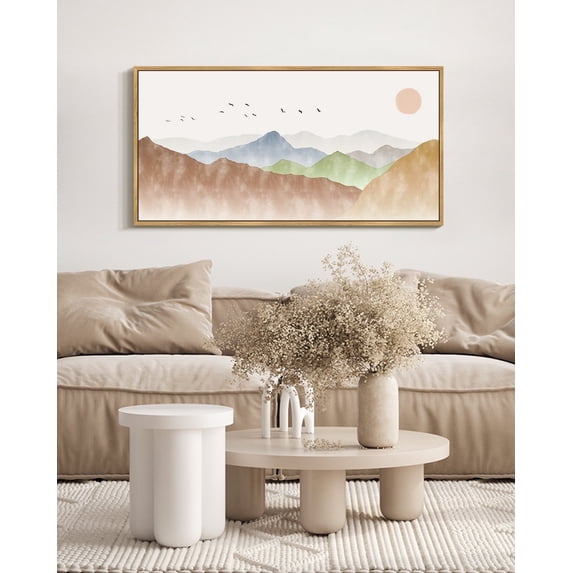 SHENIFY Landscape Mountain Range Wall Art 20x40in Natural Framed Set Watercolor Ink Wash Nature Scenry Sunrise Flying Bird Farmhouse Rustic Modern Art Decorative for Living Room Bedroom