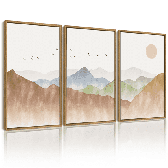 SHENIFY Landscape Mountain Range Wall Art Set Watercolor Ink Wash Nature Scenry Sunrise Flying Bird Farmhouse Rustic Modern Art Decorative for Living Room Bedroom 11x14in3pcs Natural Framed