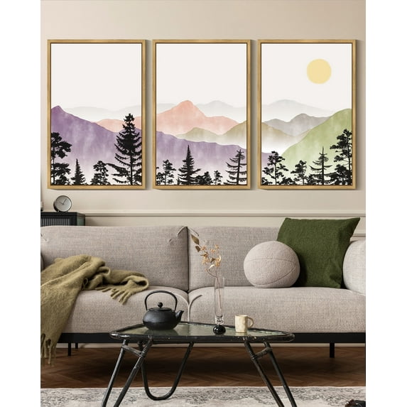 SHENIFY Landscape Mountain Wall Art 16x24in3pcs Natural Framed Set Watercolor Sunrise Pine Tree Forest Nature Scenry Wilderness Farmhouse Rustic Modern Art Decorative
