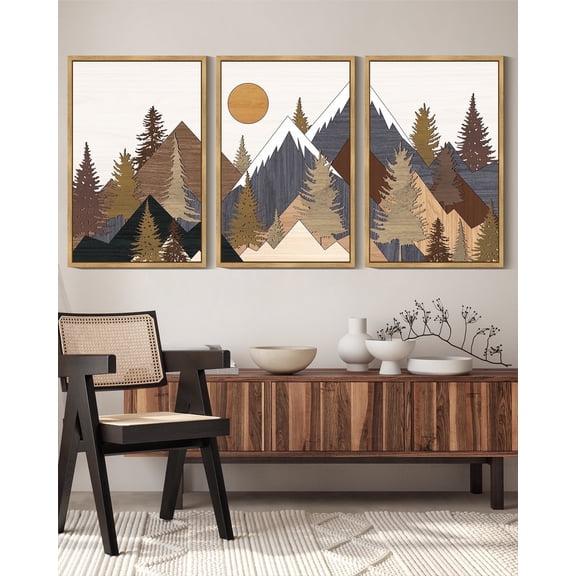 SHENIFY Landscape Mountain Wall Art 16x24in3pcs Natural Framed Set White Winter Sunrise Pine Tree Forest Nature Scenry Wilderness Farmhouse Rustic Modern Art Decorative for Living Room Bedroom