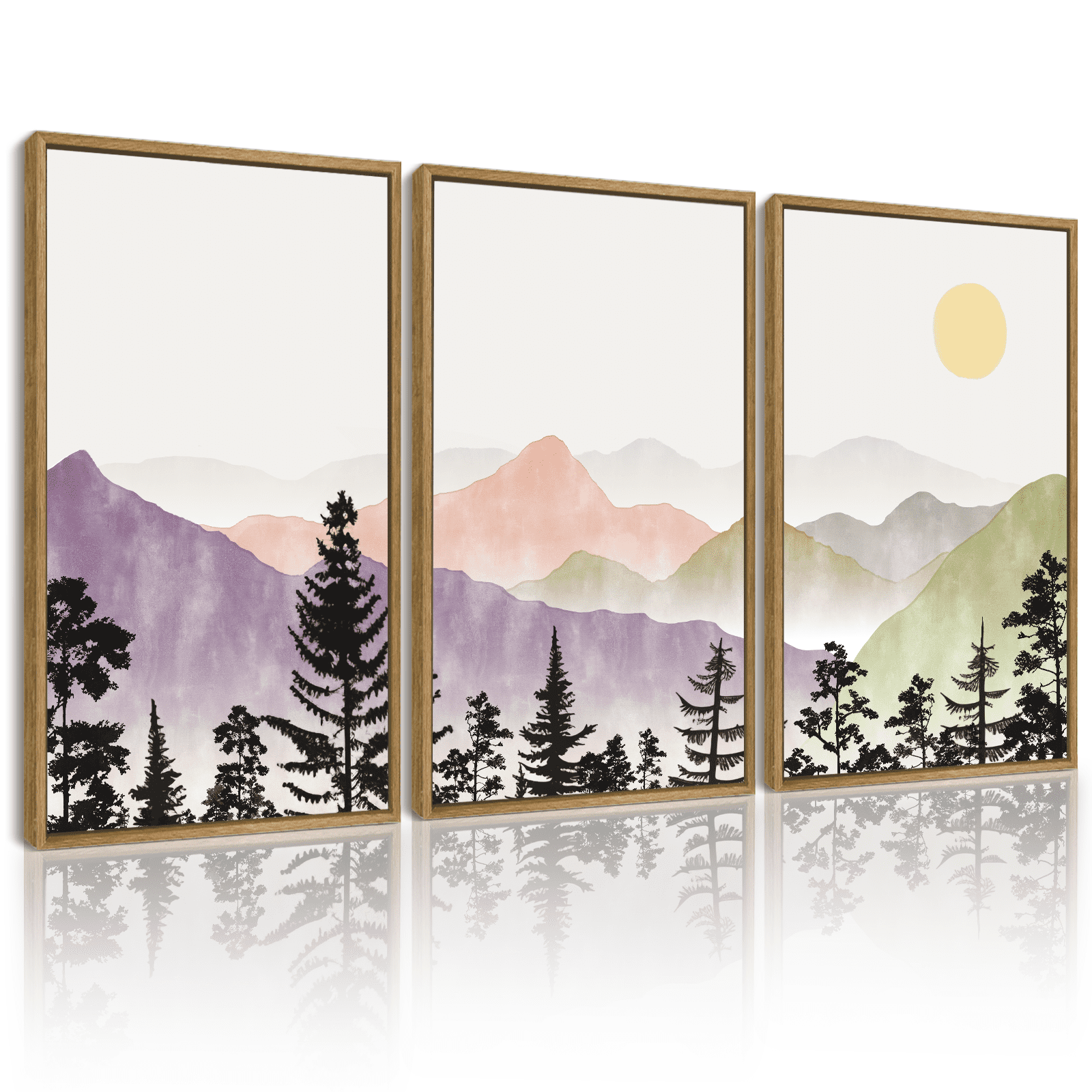 SHENIFY Landscape Mountain Wall Art Set Watercolor Sunrise Pine Tree ...