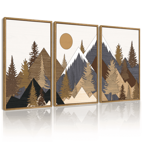 SHENIFY Landscape Mountain Wall Art Set White Winter Sunrise Pine Tree Forest Nature Scenry Wilderness Farmhouse Rustic Modern Art Decorative for Living Room Bedroom 11x14in3pcs Natural Framed