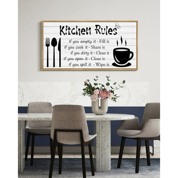 SHENIFY Large 20x40in Natural Framed Kitchen Rules Wall Decor Funny Inspirational Quote Decor Modern Rustic Farmhouse Kitchen Hanging Decoration