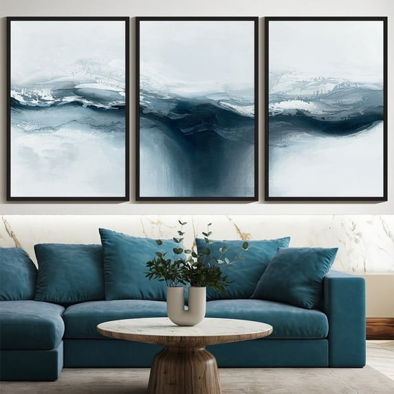 SHENIFY Large 24x36in3pcs Black Framed Blue and Grey Abstract Wall Art Modern Minimalist Painting Decor Graffiti Artwork