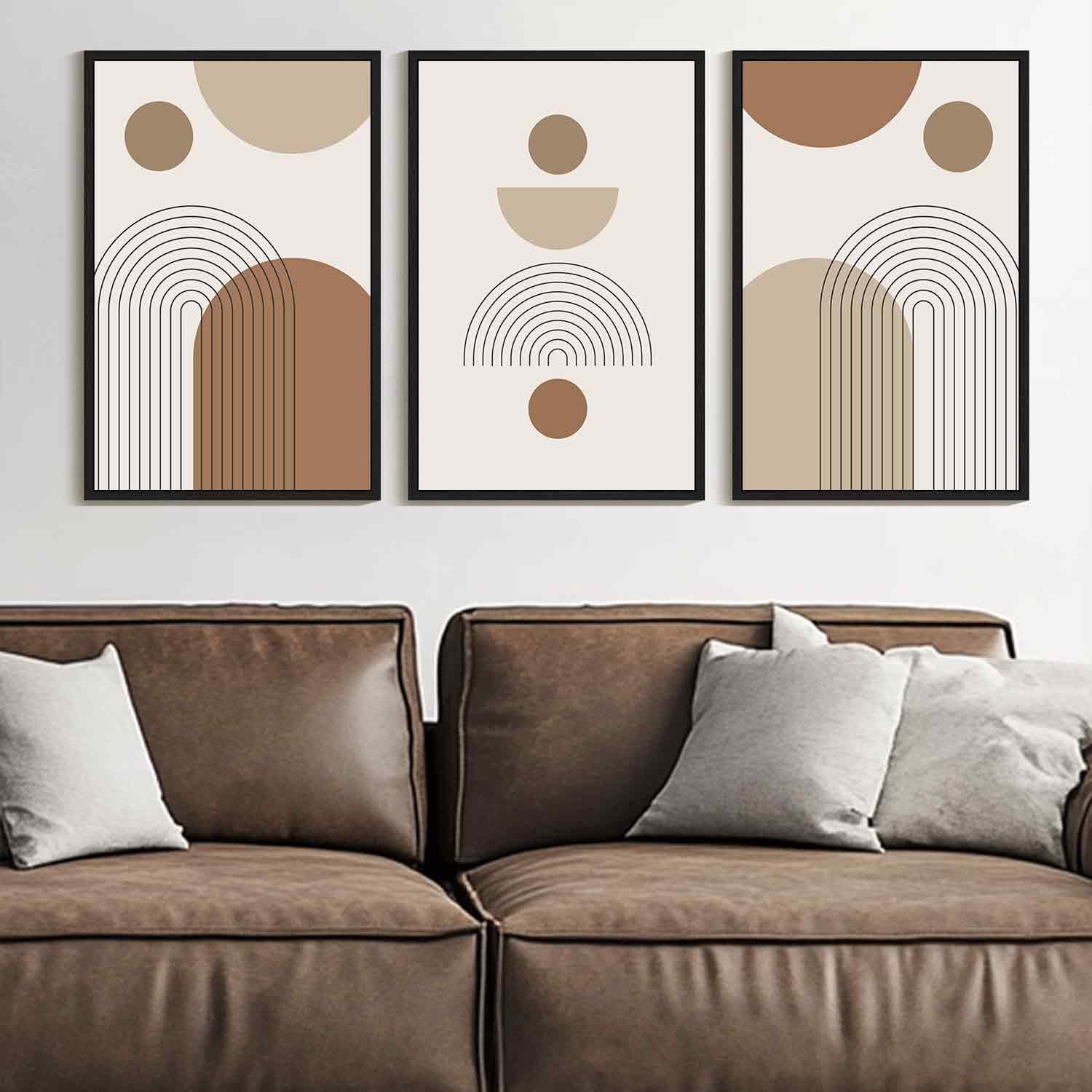 SHENIFY Large 24x36in3pcs Black Framed Botanical Boho Wall Art Modern Bohemian Plants Wall Decor Natural Brown Geometry Lines Prints Artwork for Living Dining Room