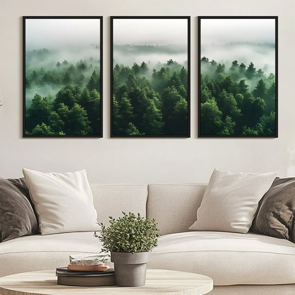 SHENIFY Large 24x36in3pcs Black Framed Green Fog Pine Tree Wall Art Nature Misty Nordic Forests Morden Decor Artwork Prints Rustic Living Room Home Office