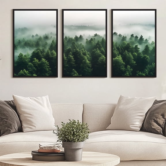 SHENIFY Large 24x36in3pcs Black Framed Green Fog Pine Tree Wall Art Nature Misty Nordic Forests Morden Decor Artwork Prints Rustic Living Room Home Office
