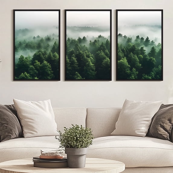 SHENIFY Large 24x36in3pcs Black Framed Green Fog Pine Tree Wall Art Nature Misty Nordic Forests Morden Decor Artwork Prints Rustic Living Room Home Office