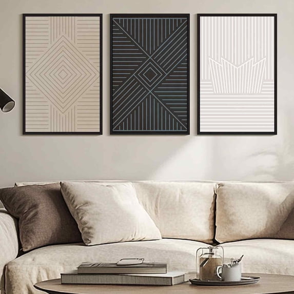 SHENIFY Large 24x36in3pcs Black Framed Minimalist Abstract Bohemian Wall Art Modern Boho Neutral Line Wall Decor Geometric Artwork Bedroom Dining Room